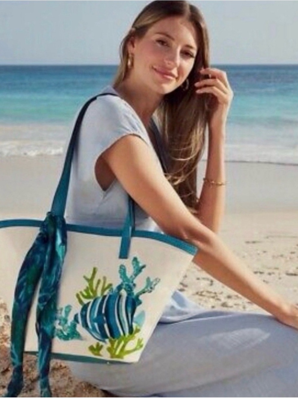 Patricia Nash White Beach Tote with Teal and Blue Fish Motif